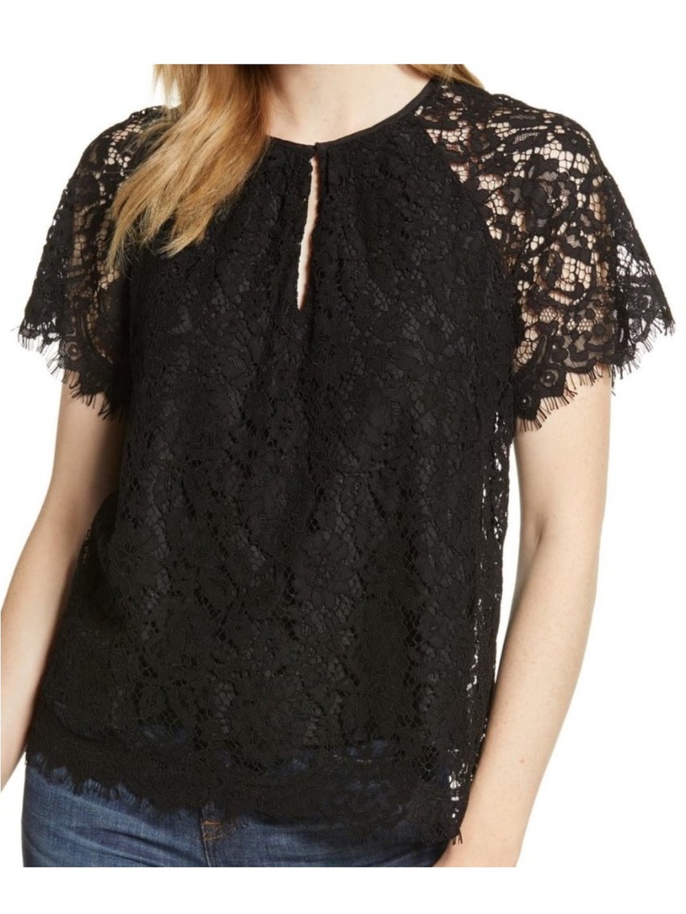 J. Crew Corded Lace Short Sleeve Keyhole Top Scallop Edge Lined, Black – Small